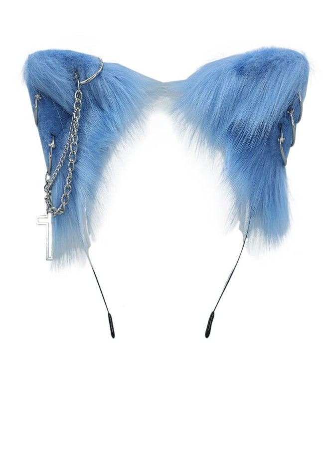 VIGVAN Cat Cosplay Ears Accessories Punk Gothic Cross Cat Ears Headbands Clips (Blue) - Image 1